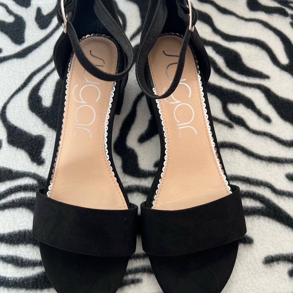 Sugar Black Suede Ankle Strap Block Heel Sandals or OBO